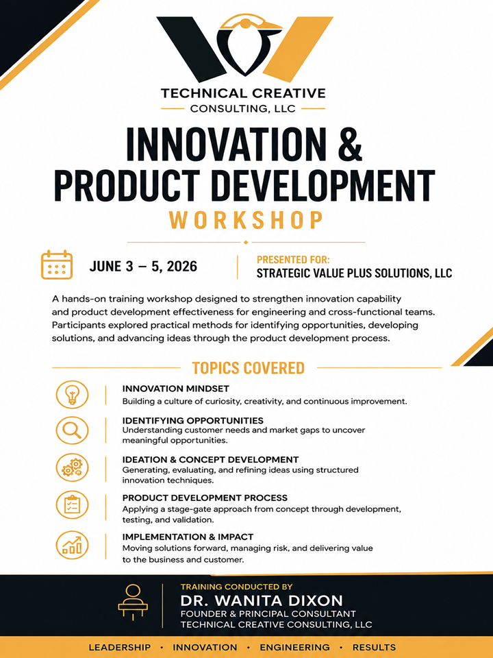 Innovation & Product Development Workshop — TCC training flyer, June 3–5 2026, presented for Strategic Value Plus Solutions, LLC