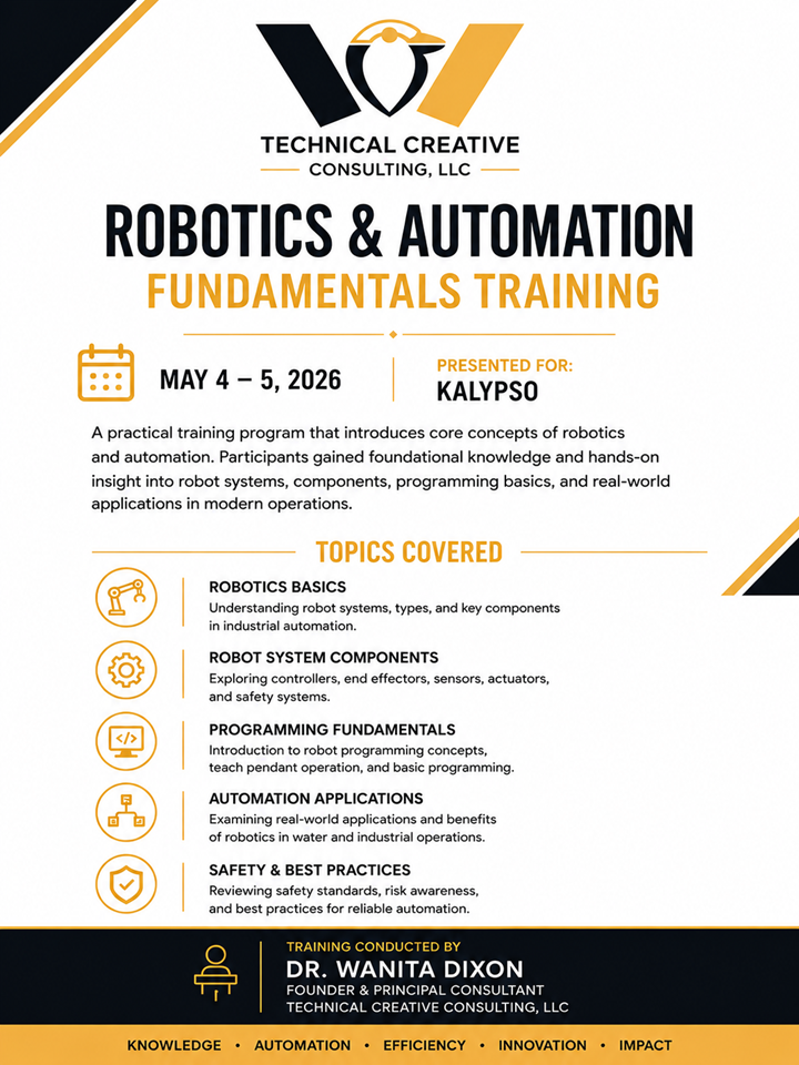 Robotics & Automation Fundamentals Training — TCC training flyer, May 4–5 2026, presented for Kalypso